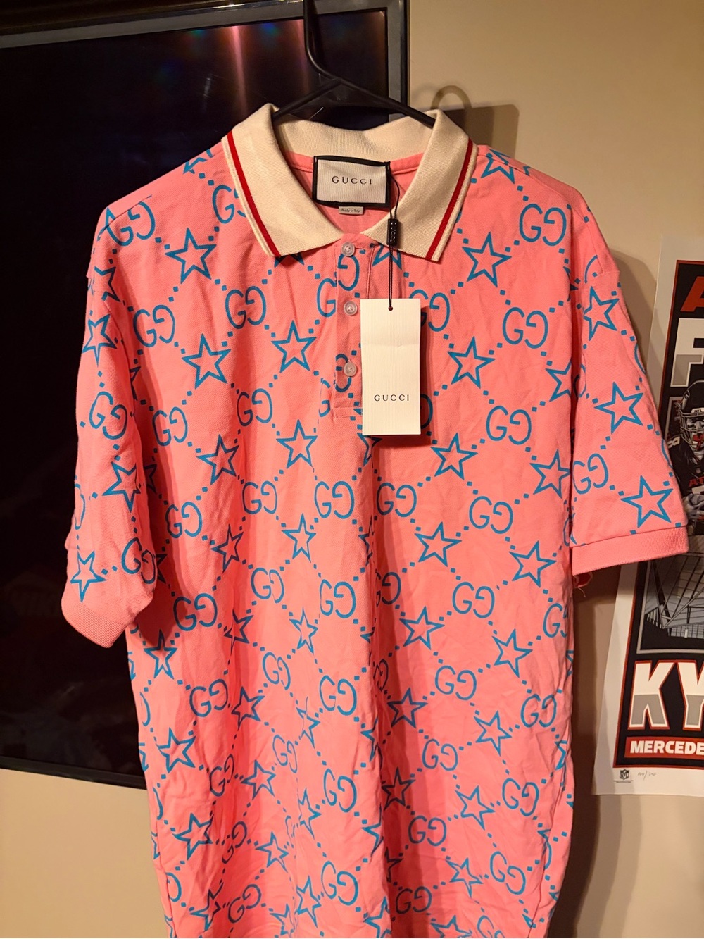 Gucci Coral Pink Polo with Blue Star & GG Motif